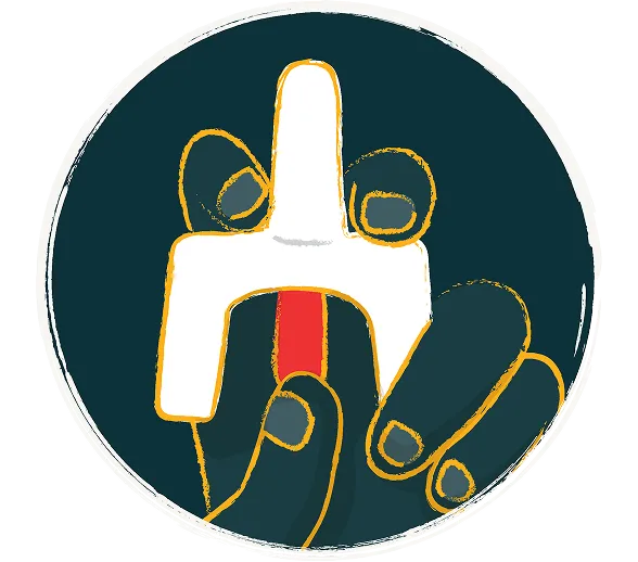 Illustrated circular graphic — hand holding naloxone/Narcan, yellow and teal illustration style